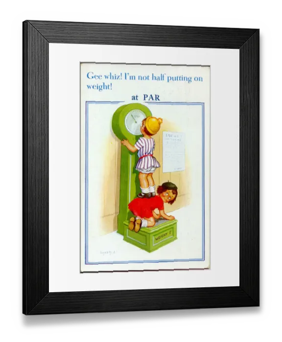 Framed Print : Comic postcard, Little girl weighing herself Date: 20th century Framed Print : Comic postcard, Little girl weighing herself Date: 20th century