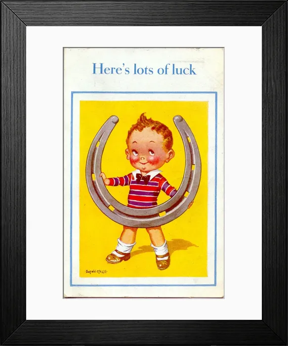 Framed Print : Good Luck postcard, Little boy with horseshoe Date: 20th century Framed Print : Good Luck postcard, Little boy with horseshoe Date: 20th century