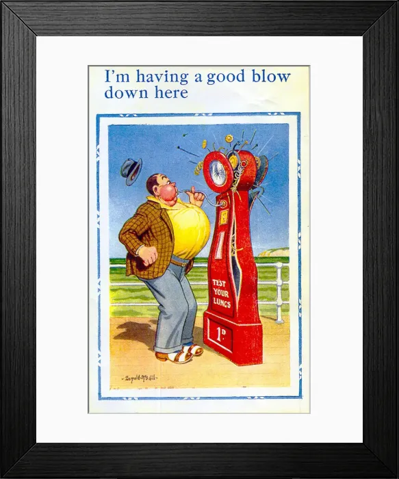 Framed Print : Comic postcard, Man uses lung testing machine at the seaside Date: 20th century Framed Print : Comic postcard, Man uses lung testing machine at the seaside Date: 20th century