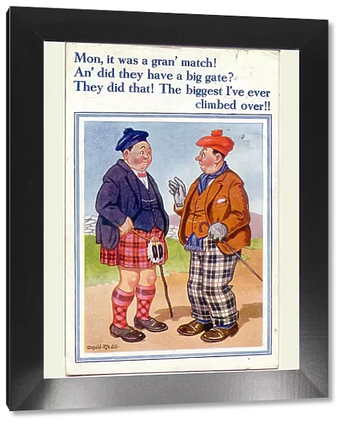 Comic postcard, Scotsmen discuss football match