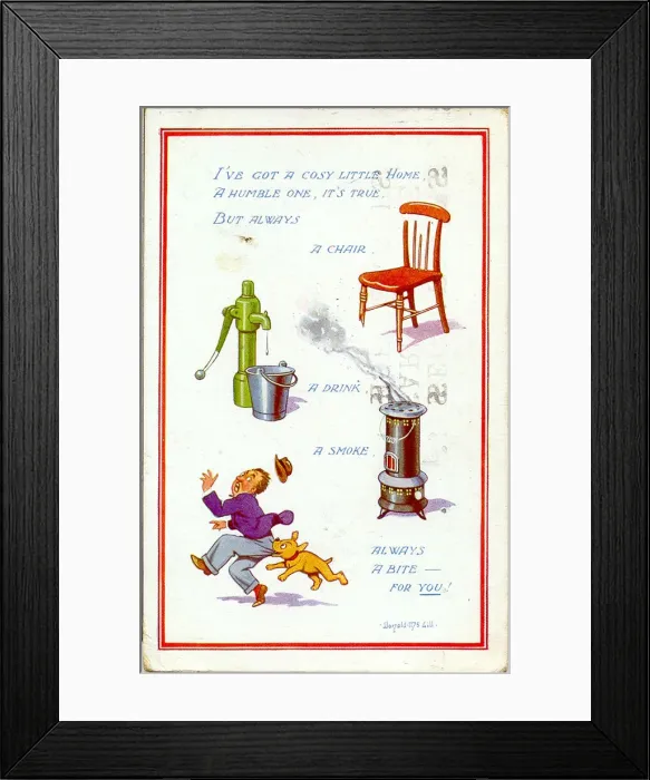 Framed Print : Comic postcard, Chair, drink, smoke and dog Date: 20th century Framed Print : Comic postcard, Chair, drink, smoke and dog Date: 20th century