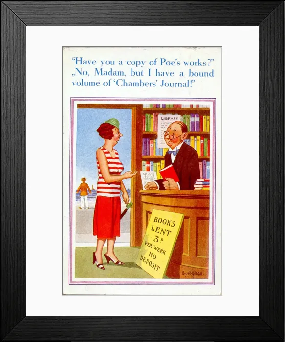 Framed Print : Comic postcard, Woman at a lending library Framed Print : Comic postcard, Woman at a lending library
