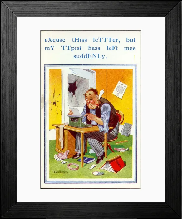 Framed Print : Comic postcard, Man trying to type a letter Framed Print : Comic postcard, Man trying to type a letter