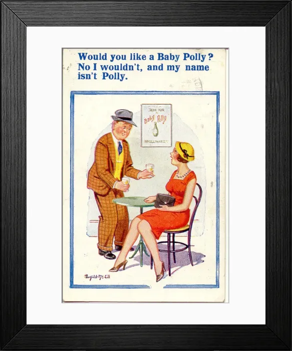 Framed Print : Comic postcard, Man and woman in a pub - Baby Polly (perhaps a hint at Babycham) Date Framed Print : Comic postcard, Man and woman in a pub - Baby Polly (perhaps a hint at Babycham) Date