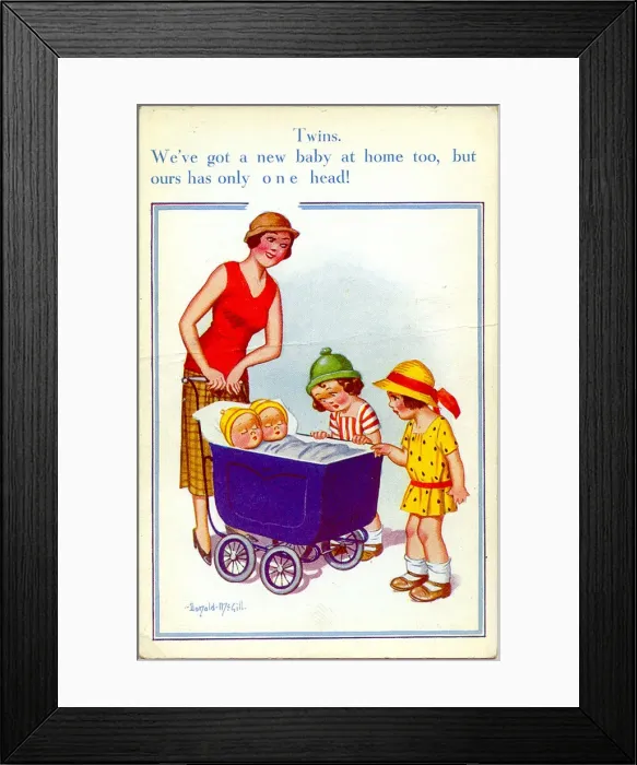 Framed Print : Comic postcard, Two babies in a pram - twins Date: 20th century Framed Print : Comic postcard, Two babies in a pram - twins Date: 20th century