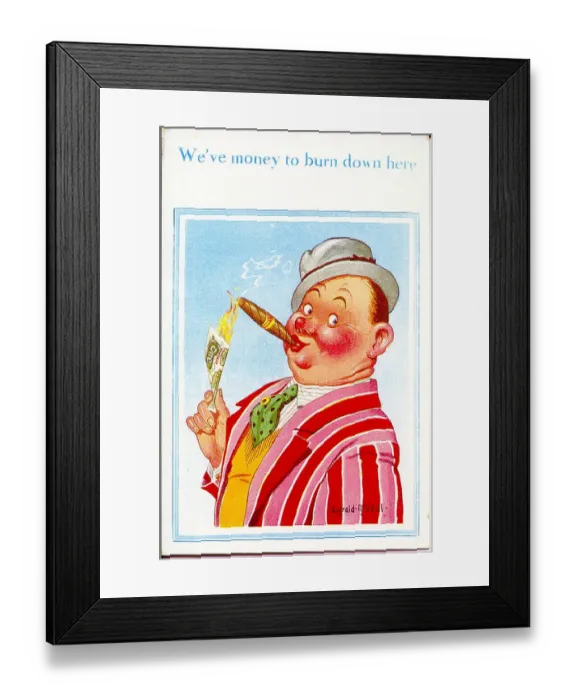 Framed Print : Comic postcard, Man lighting cigar with one pound note Date: 20th century