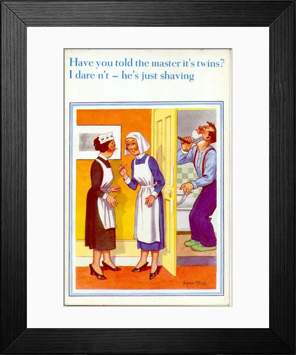Framed Print : Comic postcard, Father of twins shaving Framed Print : Comic postcard, Father of twins shaving