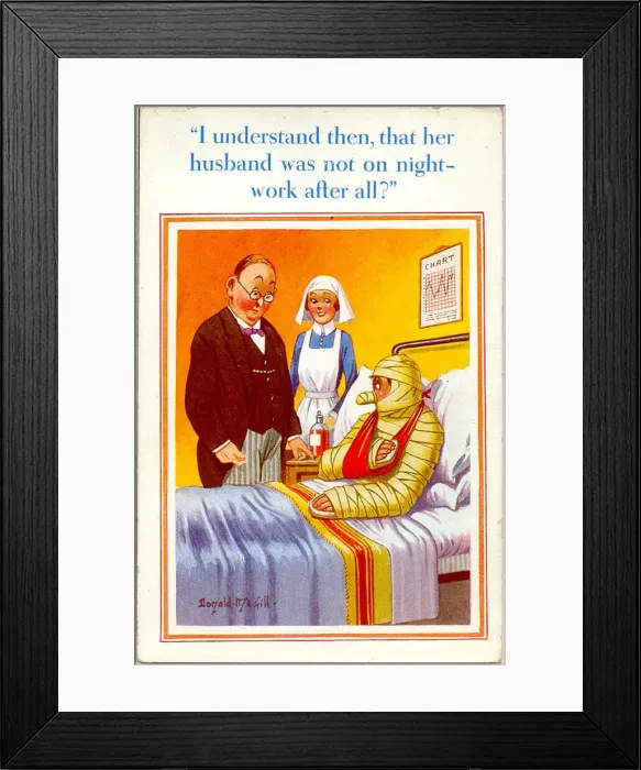 Framed Print : Comic postcard, Doctor, nurse and bandaged patient Framed Print : Comic postcard, Doctor, nurse and bandaged patient