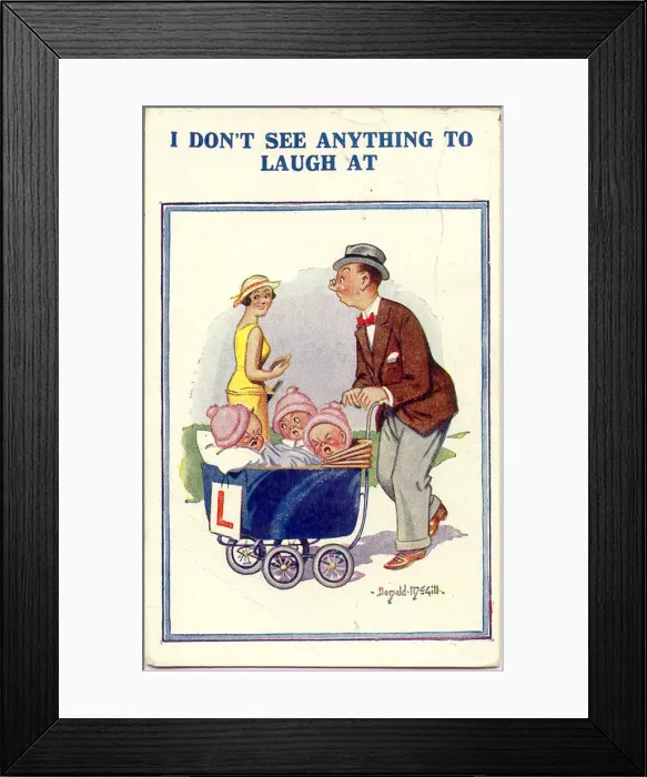 Framed Print : Comic postcard, Man pushing pram with triplets Date: 20th century Framed Print : Comic postcard, Man pushing pram with triplets Date: 20th century