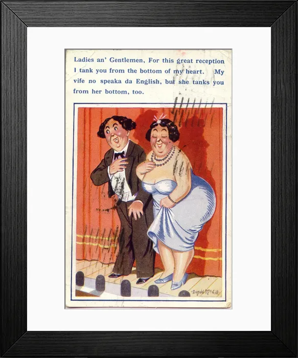Framed Print : Comic postcard, Performing couple taking a bow on stage Date: 20th century Framed Print : Comic postcard, Performing couple taking a bow on stage Date: 20th century