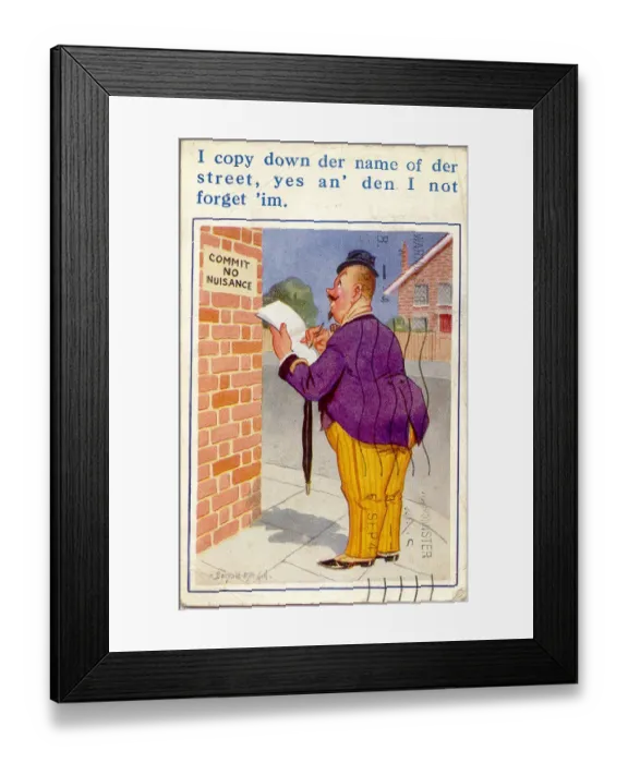 Framed Print : Comic postcard, French man notes down street name - Commit No Nuisance Date Framed Print : Comic postcard, French man notes down street name - Commit No Nuisance Date
