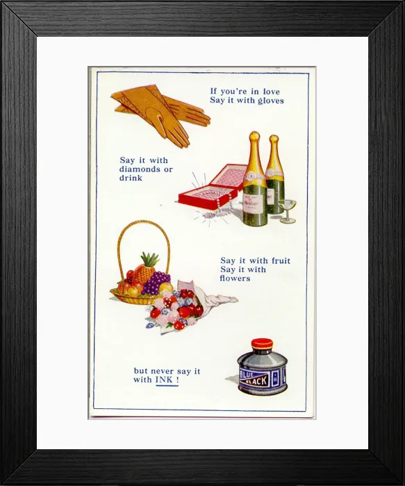 Framed Print : Comic postcard, Gloves, diamonds, drink, fruit, flowers and ink Date: 20th century Framed Print : Comic postcard, Gloves, diamonds, drink, fruit, flowers and ink Date: 20th century
