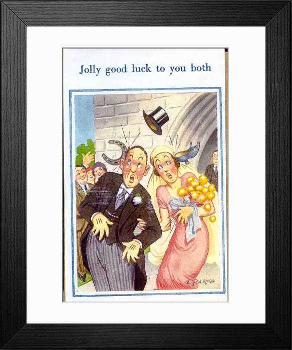 Framed Print : Good Luck postcard, Bride and groom leaving church Framed Print : Good Luck postcard, Bride and groom leaving church