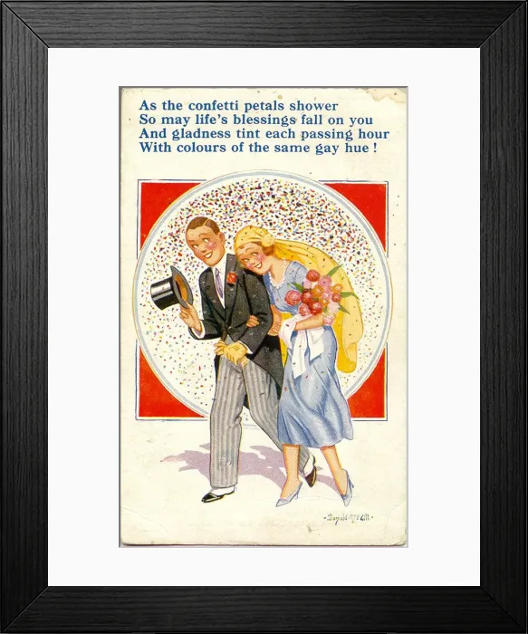 Framed Print : Greetings postcard, Bride and groom Date: 20th century Framed Print : Greetings postcard, Bride and groom Date: 20th century