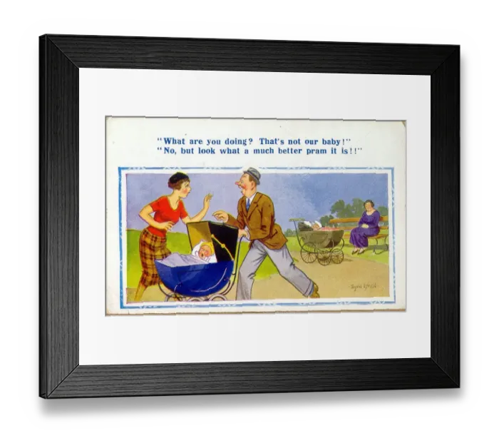 Framed Print : Comic postcard, Father takes the wrong pram Date: 20th century Framed Print : Comic postcard, Father takes the wrong pram Date: 20th century