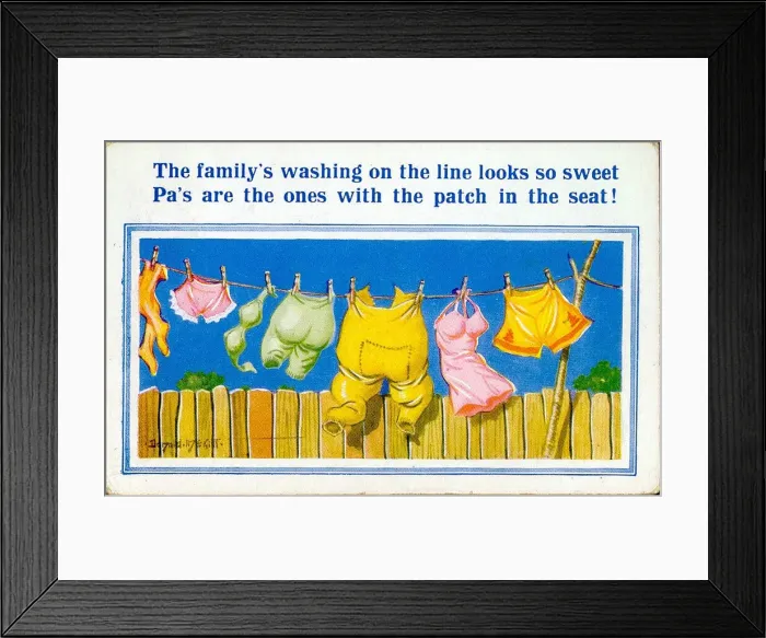 Framed Print : Comic postcard, Washing line of clothes in a garden Date: 20th century Framed Print : Comic postcard, Washing line of clothes in a garden Date: 20th century