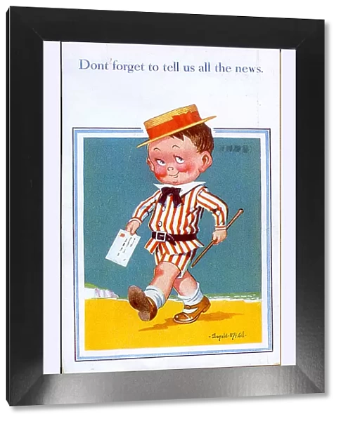 Comic postcard, Little boy with letter on the beach
