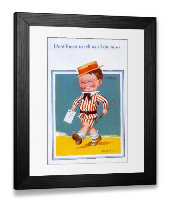 Framed Print : Comic postcard, Little boy with letter on the beach Framed Print : Comic postcard, Little boy with letter on the beach
