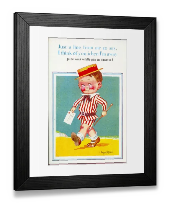 Framed Print : Comic postcard, Little boy with letter on the beach (in English and French) Date Framed Print : Comic postcard, Little boy with letter on the beach (in English and French) Date