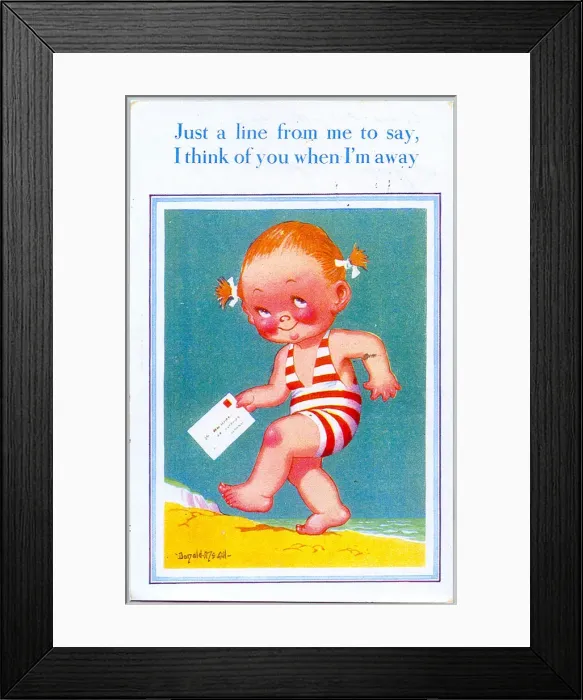 Framed Print : Comic postcard, Little girl with letter on the beach Date: 20th century Framed Print : Comic postcard, Little girl with letter on the beach Date: 20th century