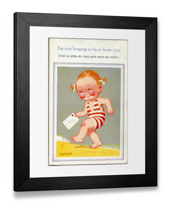 Framed Print : Comic postcard, Little girl with letter on the beach (in English and French) Date