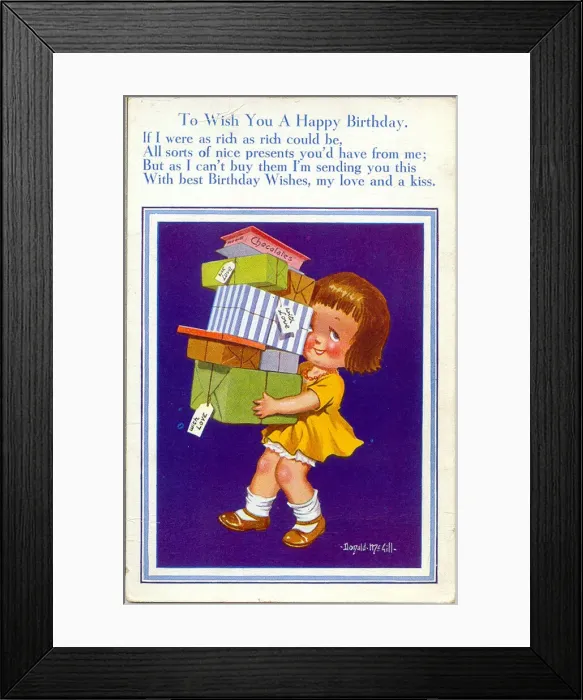 Framed Print : Birthday postcard, Little girl carrying a stack of presents Framed Print : Birthday postcard, Little girl carrying a stack of presents