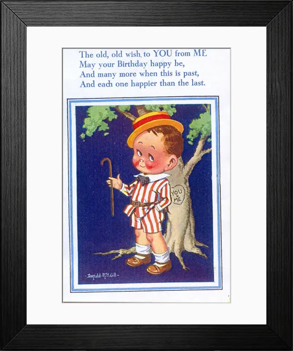 Framed Print : Birthday postcard, Little boy standing by a tree Framed Print : Birthday postcard, Little boy standing by a tree