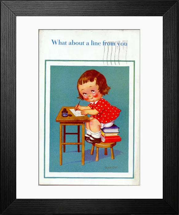 Framed Print : Comic postcard, Little girl writing at a desk Framed Print : Comic postcard, Little girl writing at a desk