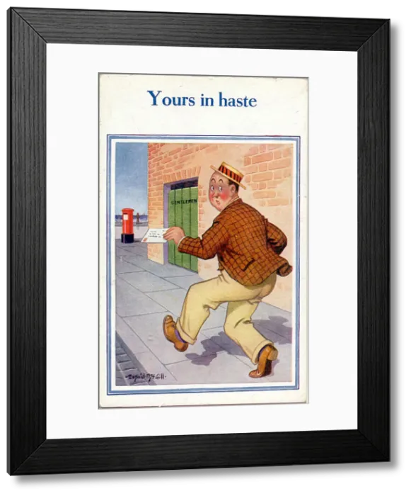 Framed Print : Comic postcard, Man in hurry to post a letter Framed Print : Comic postcard, Man in hurry to post a letter