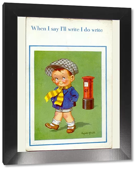 Comic postcard, Little boy and pillar box Date: 20th century