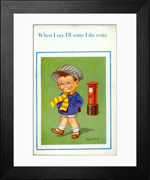 Framed Print : Comic postcard, Little boy and pillar box Date: 20th century Framed Print : Comic postcard, Little boy and pillar box Date: 20th century
