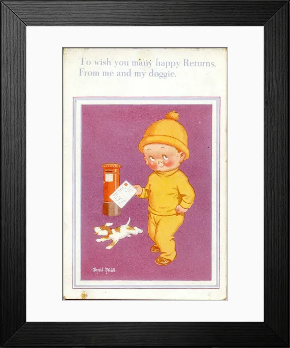 Framed Print : Birthday postcard, Little boy, dog and pillar box Framed Print : Birthday postcard, Little boy, dog and pillar box