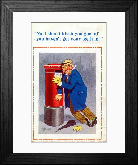 Framed Print : Comic postcard, Drunken man with pillar box Framed Print : Comic postcard, Drunken man with pillar box