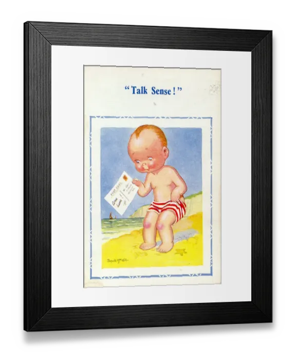 Framed Print : Comic postcard, Little boy with card on the beach Framed Print : Comic postcard, Little boy with card on the beach