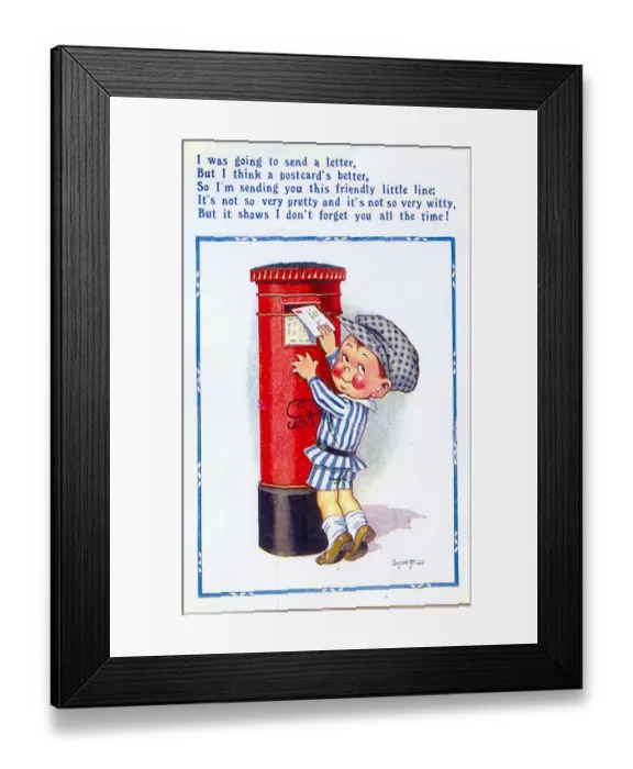 Framed Print : Comic postcard, Little boy posting a card Date: 20th century Framed Print : Comic postcard, Little boy posting a card Date: 20th century