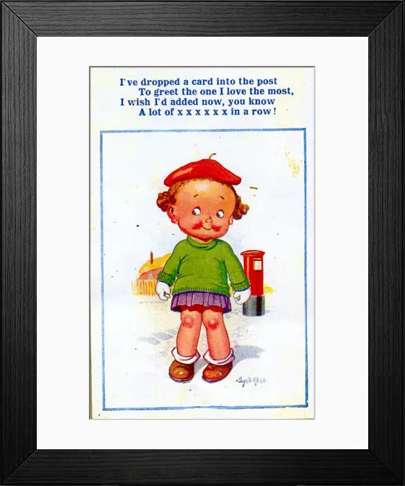 Framed Print : Comic postcard, Little girl and pillar box, just posted a card Date: 20th century Framed Print : Comic postcard, Little girl and pillar box, just posted a card Date: 20th century