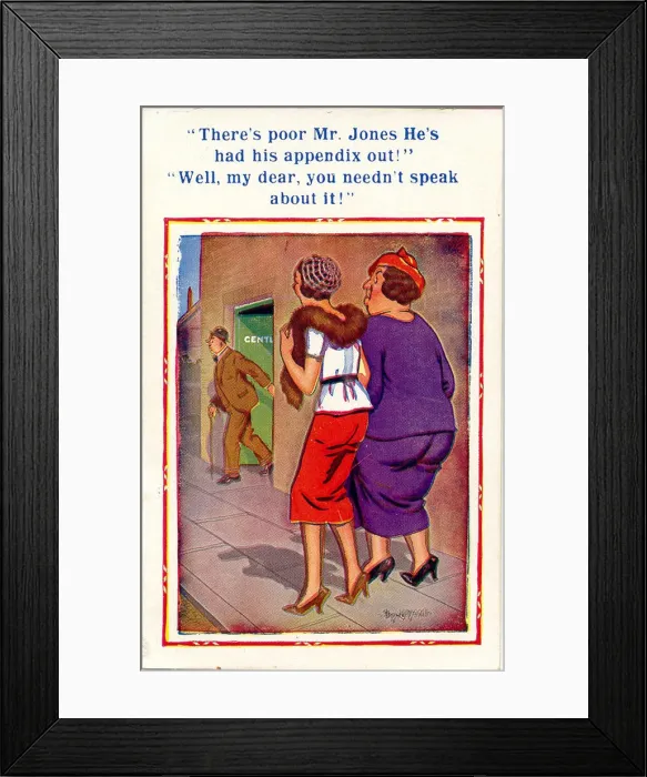 Framed Print : Comic postcard, Women see man leaving Gents Framed Print : Comic postcard, Women see man leaving Gents