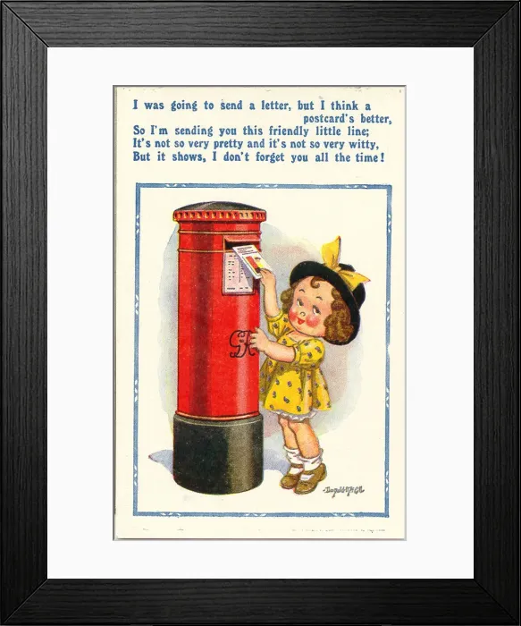 Framed Print : Comic postcard, Little girl posting a card Date: 20th century Framed Print : Comic postcard, Little girl posting a card Date: 20th century