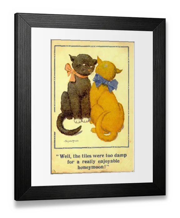 Framed Print : Comic postcard, Two cats discuss their honeymoon Date: 20th century Framed Print : Comic postcard, Two cats discuss their honeymoon Date: 20th century