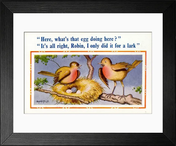 Framed Print : Comic postcard, Birds with nest of three eggs, one of them a different colour Date Framed Print : Comic postcard, Birds with nest of three eggs, one of them a different colour Date