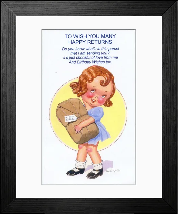 Framed Print : Birthday postcard, Little girl carrying a parcel Date: 20th century Framed Print : Birthday postcard, Little girl carrying a parcel Date: 20th century