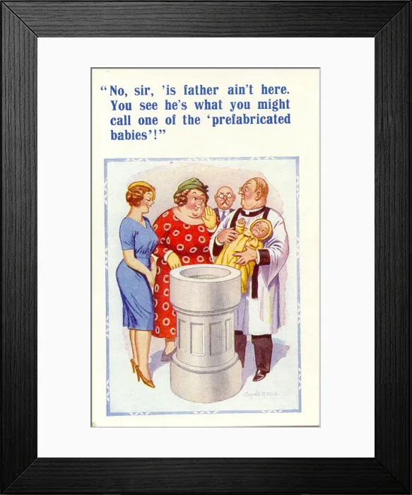 Framed Print : Comic postcard, Father not present at baptism Date: 20th century Framed Print : Comic postcard, Father not present at baptism Date: 20th century