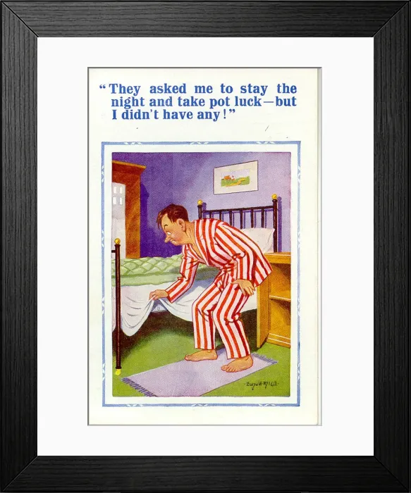Framed Print : Comic postcard, Man looking under his bed Date: 20th century Framed Print : Comic postcard, Man looking under his bed Date: 20th century