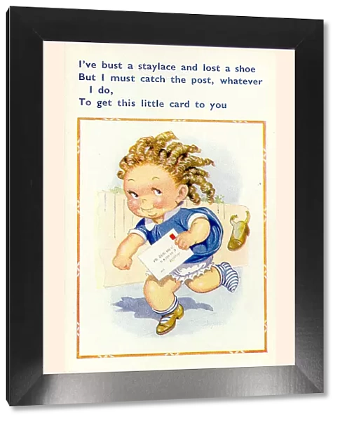 Comic postcard, Little girl running to post a card Date: 20th century