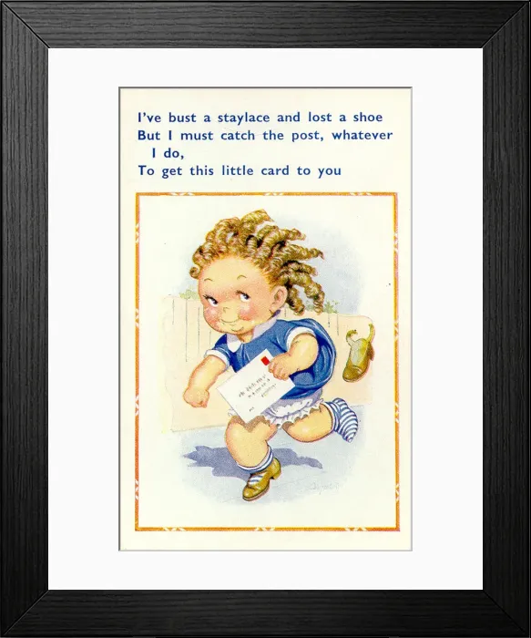 Framed Print : Comic postcard, Little girl running to post a card Date: 20th century Framed Print : Comic postcard, Little girl running to post a card Date: 20th century