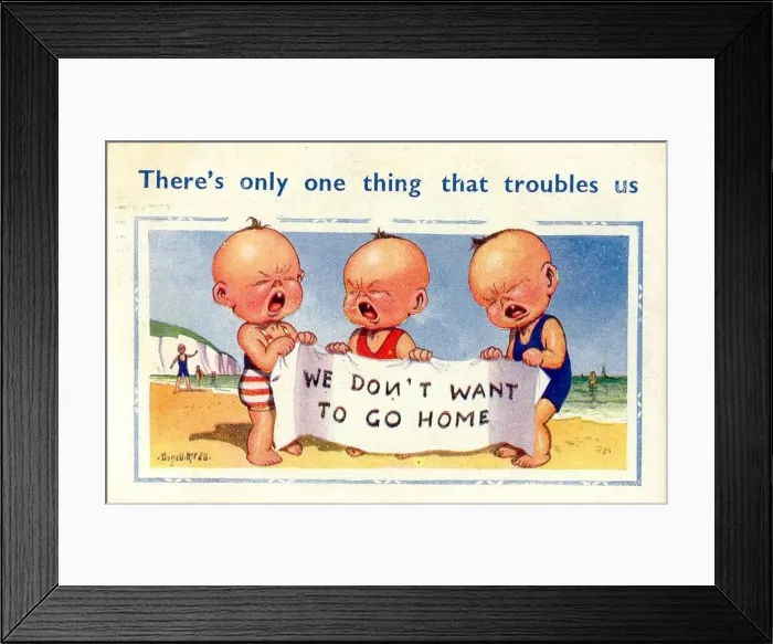 Framed Print : Comic postcard, Three little boys crying on the beach Date: 20th century Framed Print : Comic postcard, Three little boys crying on the beach Date: 20th century