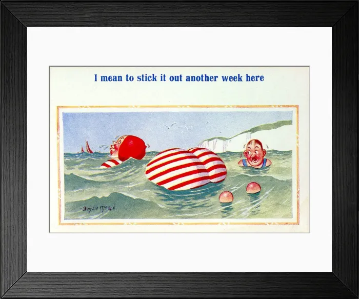 Framed Print : Comic postcard, Plump woman swimming in the sea Date: 20th century Framed Print : Comic postcard, Plump woman swimming in the sea Date: 20th century