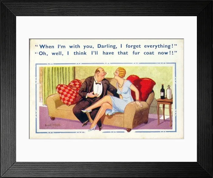 Framed Print : Comic postcard, Couple on a sofa Framed Print : Comic postcard, Couple on a sofa