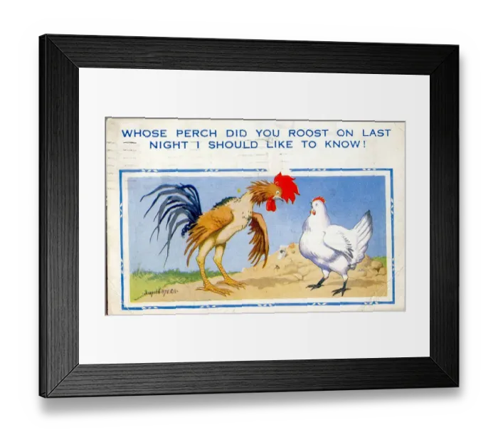 Framed Print : Comic postcard, Cockerel and hen Date: 20th century Framed Print : Comic postcard, Cockerel and hen Date: 20th century