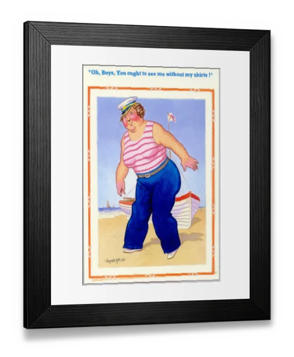 Framed Print : Comic postcard, Woman in sailors costume at the seaside Date: 20th century Framed Print : Comic postcard, Woman in sailors costume at the seaside Date: 20th century